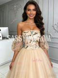 Tulle Ball Gown Puffy Sleeves Lace Floral Champagne Prom Dress