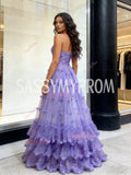 Ruffles A Line Purple Tulle Sweetheart Flower Sparkle Prom Dress