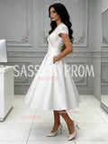 Lace A Line Cap Sleeve Tea Length Wedding Dress With Pockets