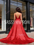 A Line Satin Red Long Train Deep V Neck Prom Dress