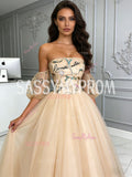 Tulle Ball Gown Puffy Sleeves Lace Floral Champagne Prom Dress