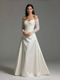 Off The Shoulder A Line Satin Lace Long Sleeve Wedding Dress