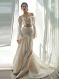 Off The Shoulder Two Piece Long Sleeve Satin Wedding Dress