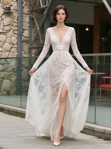 Lace V Neck A Line Long Sleeve Wedding Dress With Slit