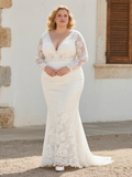 Trumpet Mermaid V Neck Plus Size Long Sleeve Wedding Dress