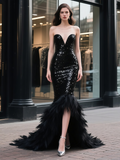 Sweetheart Black Sequin Trumpet Mermaid Feather Prom Dress With Slit