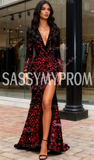 Red V Neck Sequin Long Sleeve Trumpet Mermaid Prom Dress