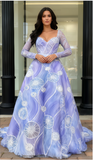 V Neck Beading Floral Tulle Long Sleeve A Line Prom Dress