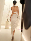 Sheath Column Backless Halter Pearls Satin Wedding Dress