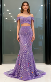 Two Piece Purple Off The Shoulder Beading Prom Dress