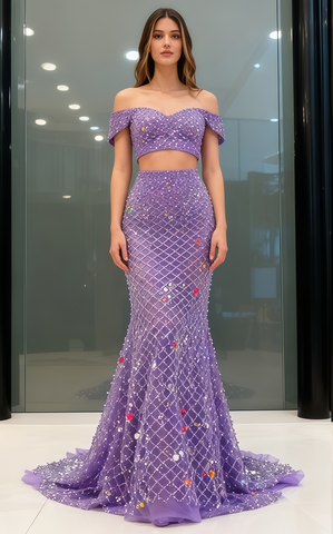 Two Piece Purple Off The Shoulder Beading Prom Dress