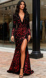 Red V Neck Sequin Long Sleeve Trumpet Mermaid Prom Dress