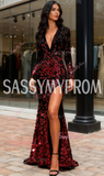 Red V Neck Sequin Long Sleeve Trumpet Mermaid Prom Dress