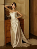 Detachable Train Satin Strapless A line Wedding Dress