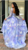 V Neck Beading Floral Tulle Long Sleeve A Line Prom Dress