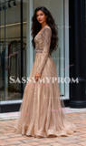 Long Sleeve Square A Line Beading Champagne Prom Dress