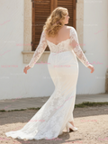 Trumpet Mermaid V Neck Plus Size Long Sleeve Wedding Dress