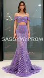 Two Piece Purple Off The Shoulder Beading Prom Dress