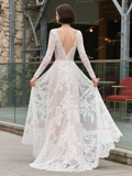 Lace V Neck A Line Long Sleeve Wedding Dress With Slit