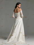 Off The Shoulder A Line Satin Lace Long Sleeve Wedding Dress