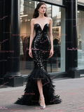 Sweetheart Black Sequin Trumpet Mermaid Feather Prom Dress With Slit