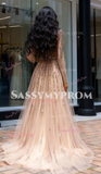 Long Sleeve Square A Line Beading Champagne Prom Dress