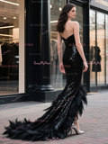Sweetheart Black Sequin Trumpet Mermaid Feather Prom Dress With Slit