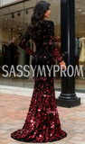 Red V Neck Sequin Long Sleeve Trumpet Mermaid Prom Dress