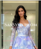 V Neck Beading Floral Tulle Long Sleeve A Line Prom Dress