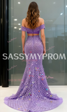 Two Piece Purple Off The Shoulder Beading Prom Dress