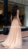 Long Sleeve Square A Line Beading Champagne Prom Dress