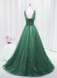 Green Tulle V Neck Beading Appliques Prom Dress