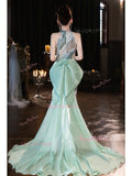 Flowers Trumpet Mermaid Green High Neck Sequin Prom Dress With Slit