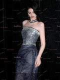 Sparkle Sheath Column Navy Tulle Prom Dress