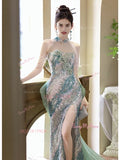 Flowers Trumpet Mermaid Green High Neck Sequin Prom Dress With Slit