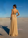 V Neck Cap Sleeve Gold Sequin Chiffon Prom Dress