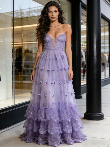 Spaghetti Straps Tulle Sparkle Purple A Line Prom Dress