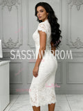 V Neck Sheath Column Tea Length Lace Cap Sleeve Wedding Dress
