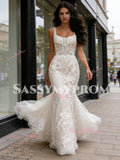 Trumpet Mermaid Tulle Appliques Straps Square Wedding Dress