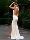 Trumpet Mermaid Satin Halter Backless Prom Dress With Slit