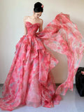 Print Pink Ruffles Layers Chiffon Prom Dress