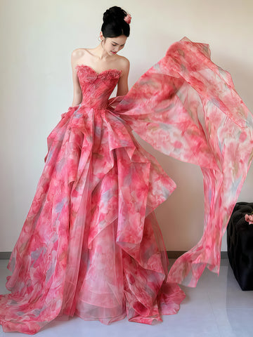 Print Pink Ruffles Layers Chiffon Prom Dress