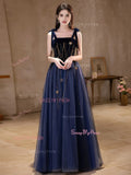 Square Velvet Tulle Blue Tie Shoulder Beading Prom Dress