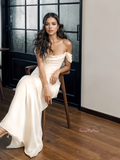 A Line Ruched Satin Off The Shoulder Wedding Dress