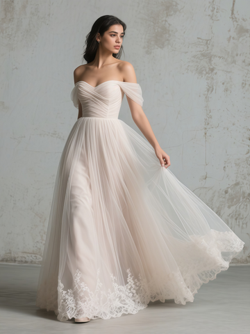 Tulle Lace Up A Line Off The Shoulder Wedding Dress