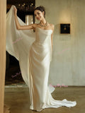 Detachable Train Satin Strapless A line Wedding Dress