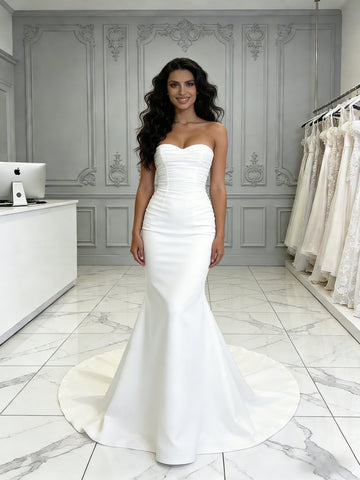 Ruched Satin Trumpet Mermaid Sweetheart White Wedding Dress