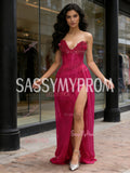 Beading Sequin Sheath Column Red Sweetheart Prom Dress With Slit