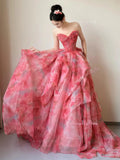 Print Pink Ruffles Layers Chiffon Prom Dress