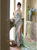 Flowers Trumpet Mermaid Green High Neck Sequin Prom Dress With Slit